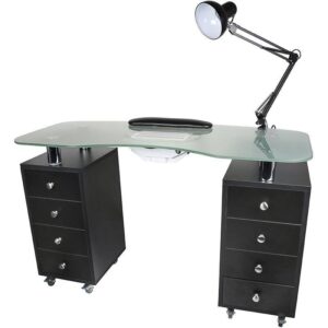 Table Manicure, Black with Glass Top, Lamp, Extractor & 2 Cupboards